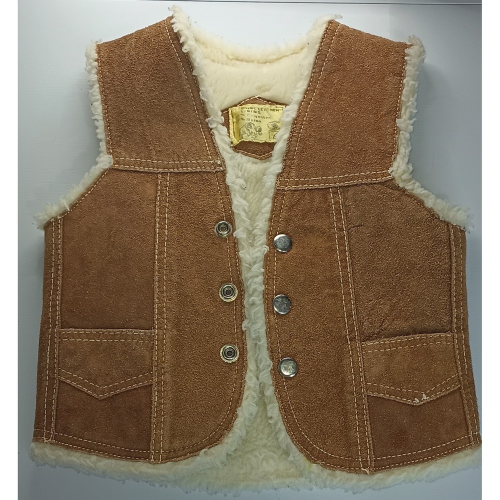 Vintage Kids Brown Genuine Leather‎ Suede Shearling Lined Western Vest Size 6